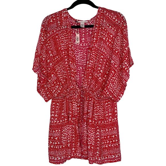 Victoria Secret Red Pink Hearts Kimono Lightweight Open Blouse OS 100% Viscose - Picture 1 of 15